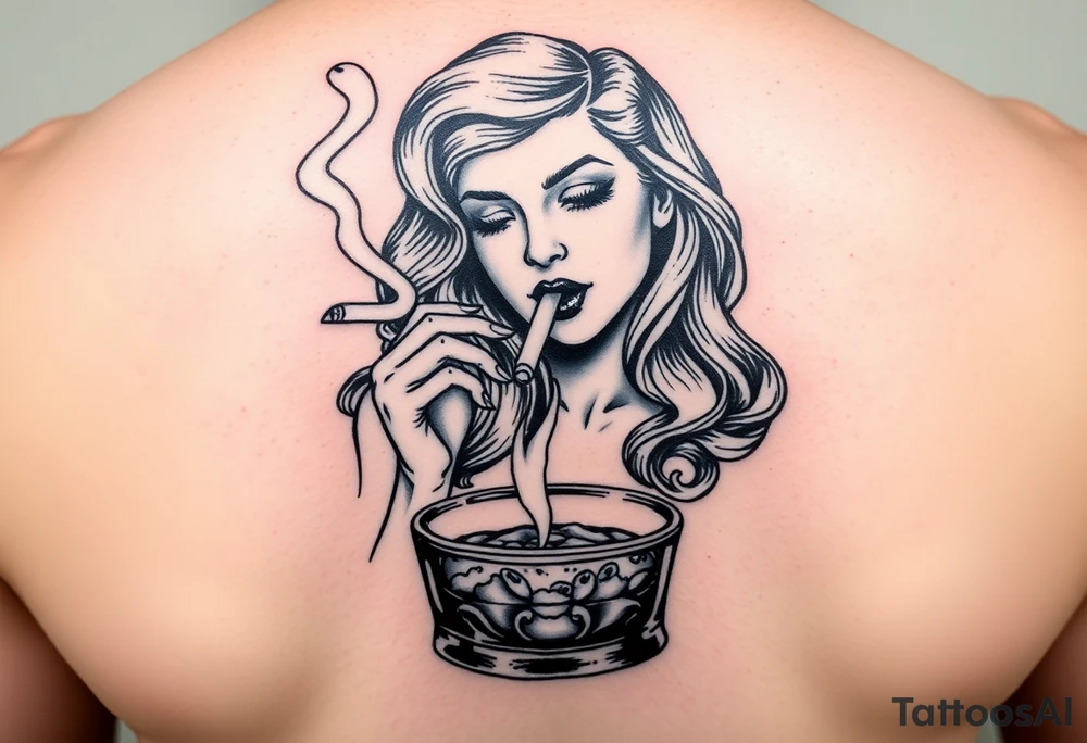 The Sunbeam girl smoking a cigarette ashing in a ashtray tattoo idea