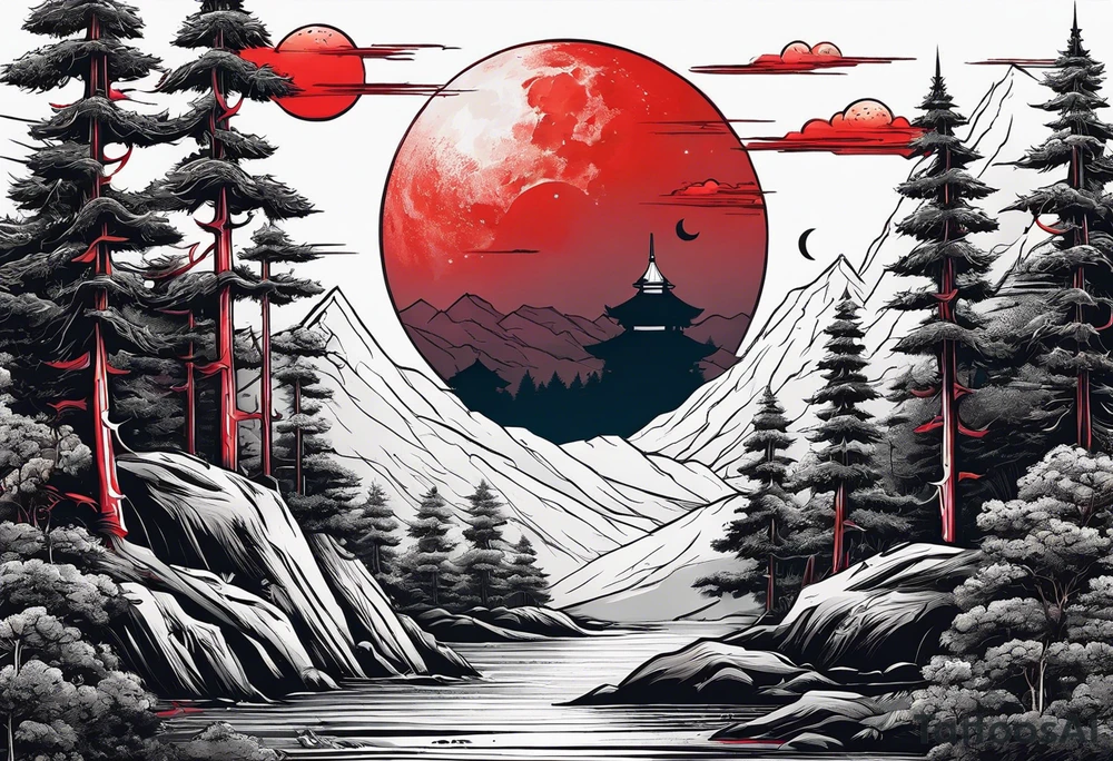 Sword with red moon behind it in the woods tattoo idea