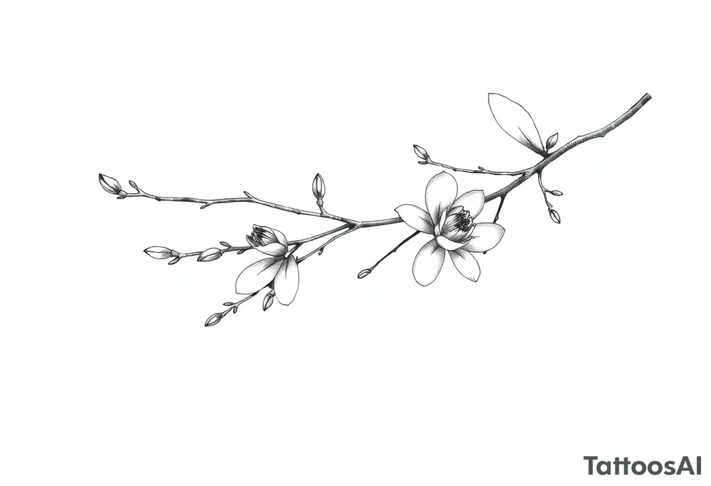 Magnolia branch long with different small half opened flowers, botanical details tattoo idea