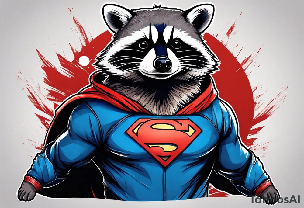 raccoon wearing a Superman hoodie tattoo idea