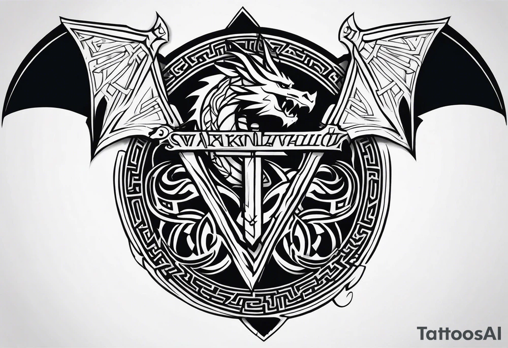 Valhalla sword shield dragon axe Valknut tattoo idea
