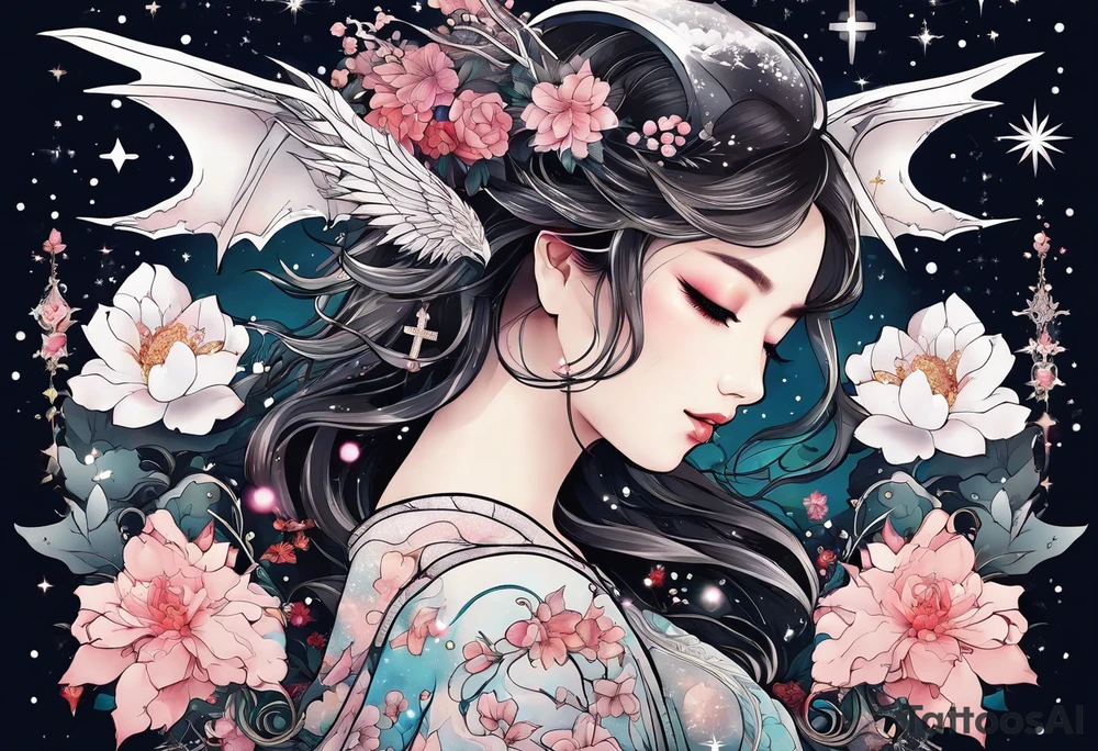 Constellation, wing , snow , cross , dragon female japan kawaii , flower tattoo idea