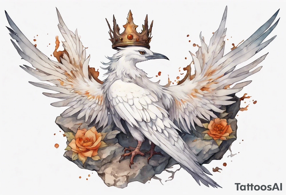 a white bird-wyvern hybrid, wearing a rusted crown, perched on a stone tattoo idea