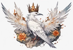 a white bird-wyvern hybrid, wearing a rusted crown, perched on a stone tattoo idea