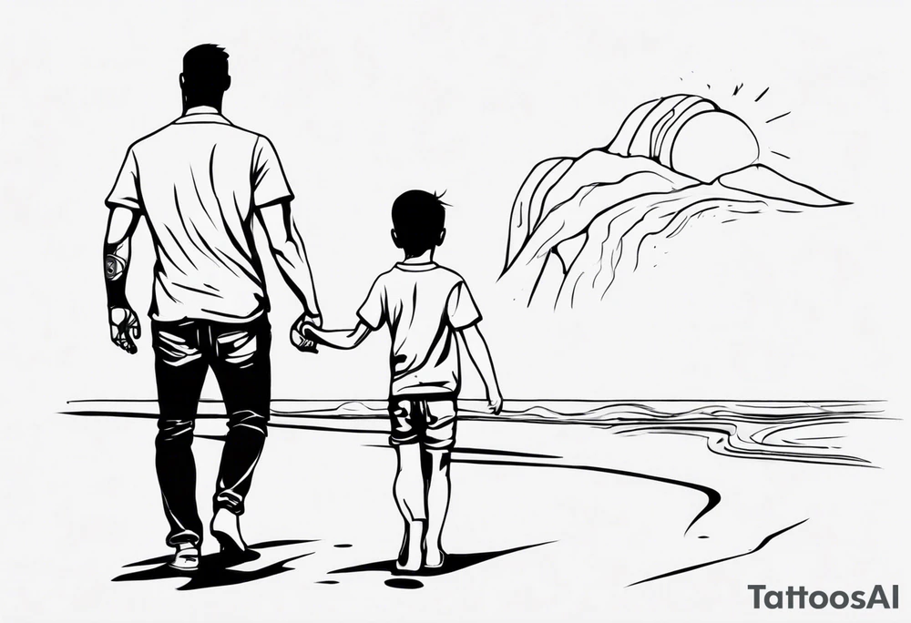 dad and son walks away contour tattoo idea
