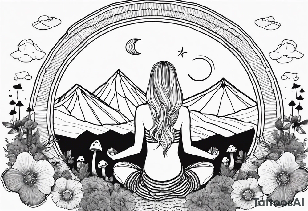 Straight blonde hair girl meditating facing away toward mountains surrounded by mushrooms crescent moon mandala circular design black and white striped dress tattoo idea