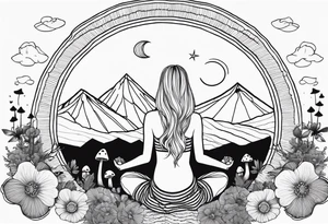 Straight blonde hair girl meditating facing away toward mountains surrounded by mushrooms crescent moon mandala circular design black and white striped dress tattoo idea