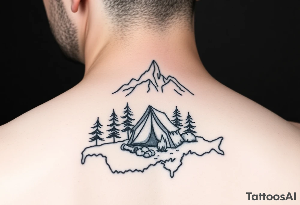 Simplistic, black and white tattoo. A little camping tent, with a fire, in the woods, surrounded by alps and a couple pine trees. The tattoo must be inside the contour of the Switzerland map tattoo idea