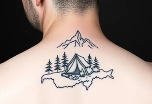 Simplistic, black and white tattoo. A little camping tent, with a fire, in the woods, surrounded by alps and a couple pine trees. The tattoo must be inside the contour of the Switzerland map tattoo idea