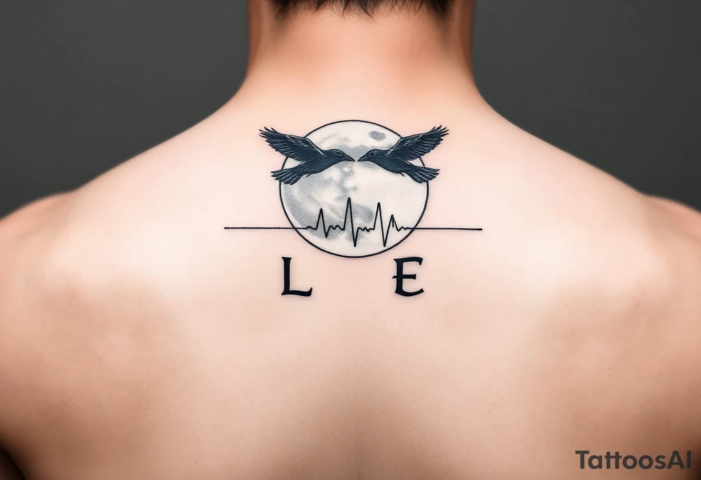 Create a minimalist tattoo design symbolizing the deep connection between a mother and daughter, featuring the initials L and E. Incorporate two crows flying around a full moon, connected by an ECG heartbeat line that represents their shared life energy. The design should feel mystical, balanced, and emotionally meaningful.” initials L and E but smal and simplistic tattoo idea
