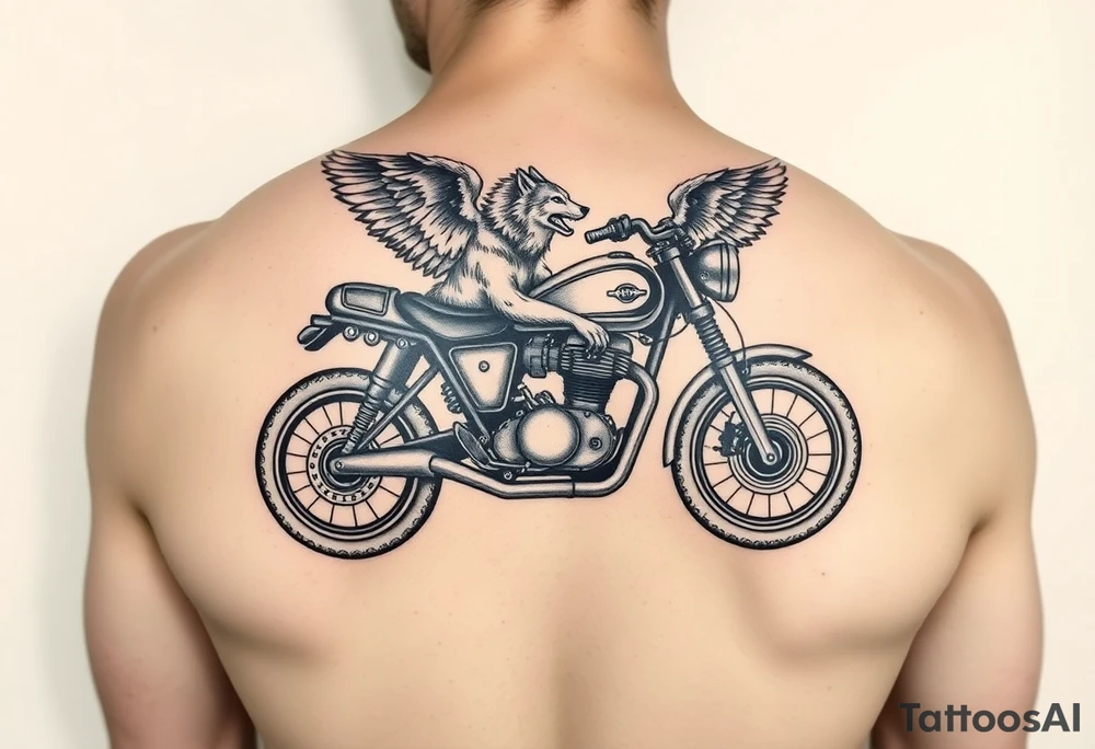 a motorcycle on it with guardian angel wolves on the bike tattoo idea
