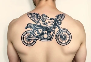 a motorcycle on it with guardian angel wolves on the bike tattoo idea