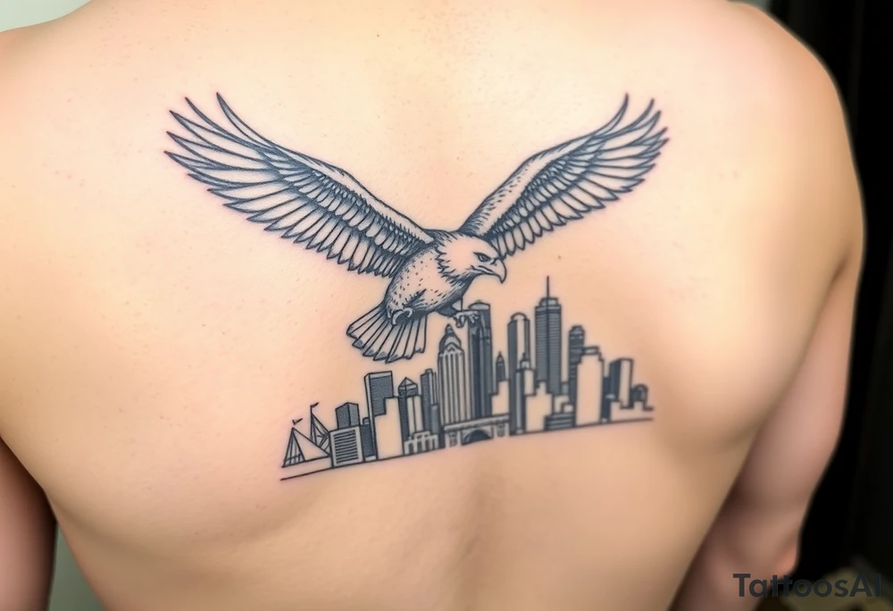 Philadelphia Eagle flying over Philadelphia city skyline with go Birds under it tattoo idea