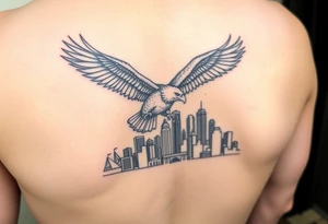 Philadelphia Eagle flying over Philadelphia city skyline with go Birds under it tattoo idea