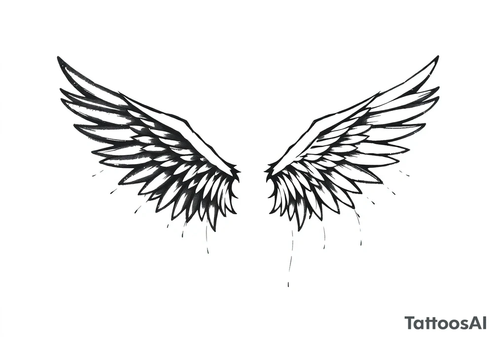 the wings go up

This tattoo design features a pair symmetrical angel wings drawn in black ink with a rough, sketch-like style. The left wing is darker, more defined, and appears denser, while the right wing is lighter, more delicate, and fragmented, creating a contrast between the two. The feathers are sharp and irregular, with fine lines and stray strokes extending outward, adding a raw and artistic feel. The overall look is dynamic and slightly chaotic, giving the impression of movement or an unfinished, ethereal form. This design symbolizes duality, freedom, transformation, or even struggle, making it a meaningful and visually striking tattoo. tattoo idea