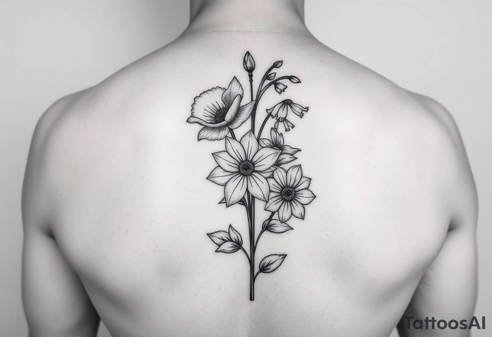 very simple Black and white tattoo with a bouquet from one stem featuring poppy flower, lily of the valley, daffodil, water lily, daisy, with less lines and detail tattoo idea