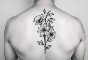 very simple Black and white tattoo with a bouquet from one stem featuring poppy flower, lily of the valley, daffodil, water lily, daisy, with less lines and detail tattoo idea