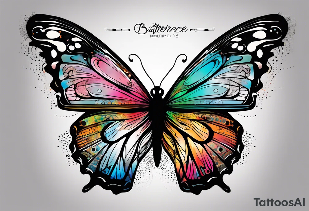 butterfly with one wing black scribbles, the other wing beautiful and colorful, the body has the date 1.9.2023 and the words written "I chose to live." tattoo idea