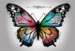 butterfly with one wing black scribbles, the other wing beautiful and colorful, the body has the date 1.9.2023 and the words written "I chose to live." tattoo idea