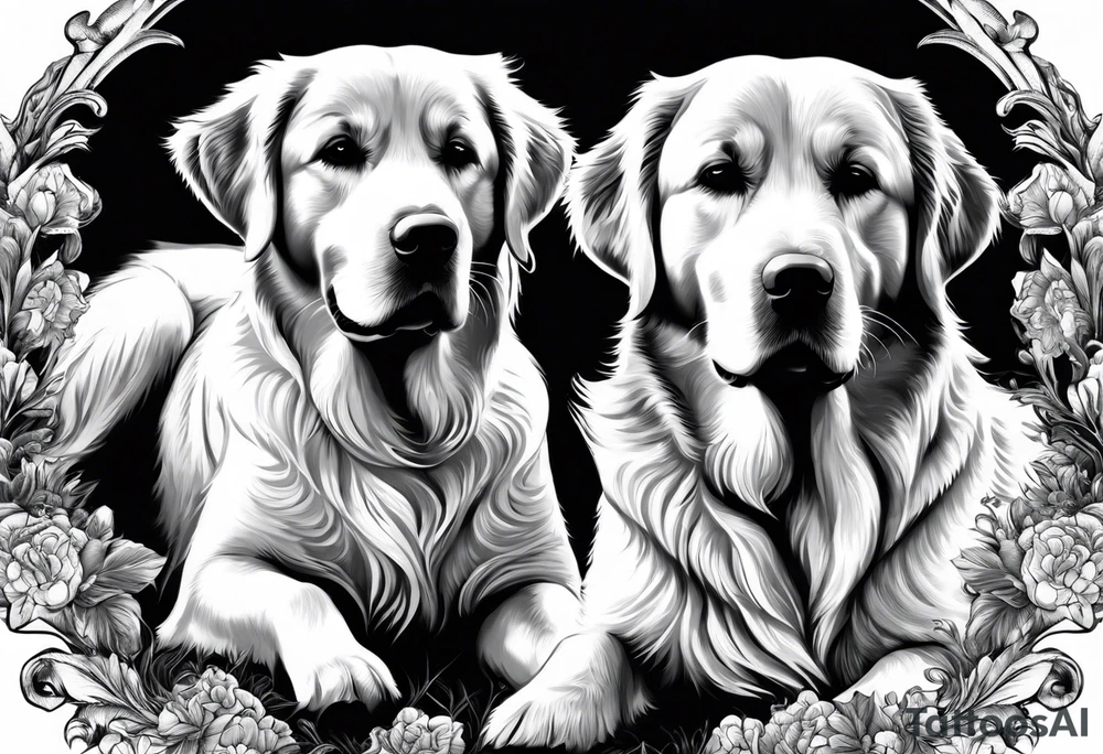 two dogs one is a dark colored golden retriever and the other is a light colored Labrador. They are happy. tattoo idea
