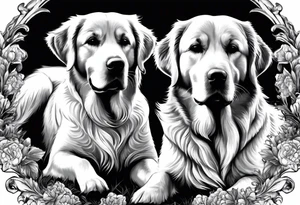 two dogs one is a dark colored golden retriever and the other is a light colored Labrador. They are happy. tattoo idea