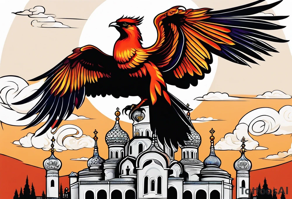 russian firebird in-flight with fancy tail and small onion cap monastery towers in background tattoo idea