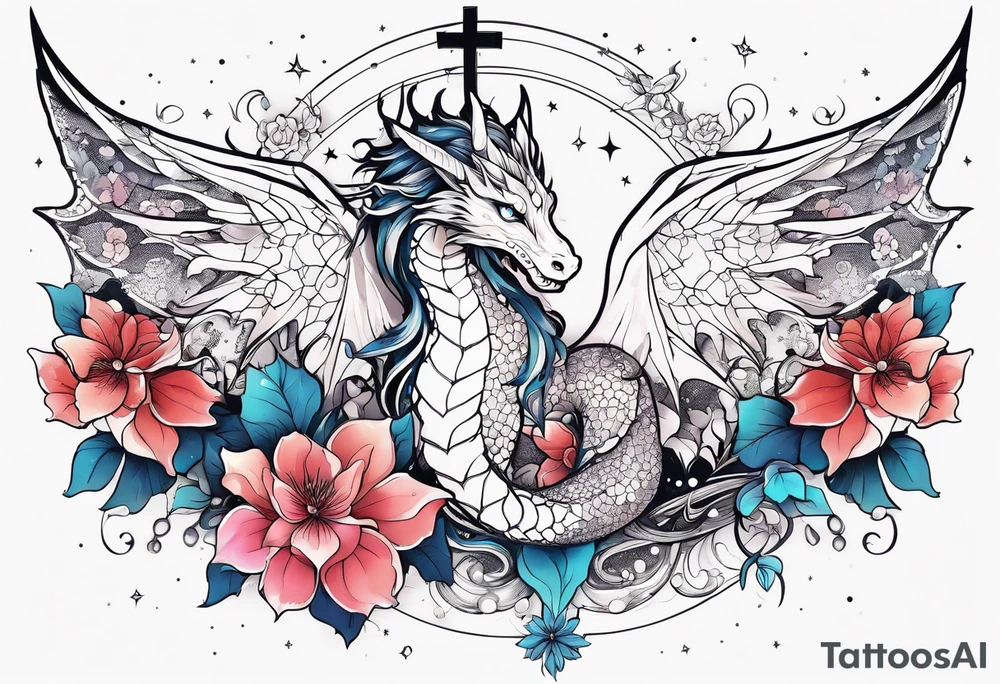Constellation, wing , snow , cross , dragon female japan kawaii , flower tattoo idea