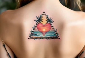 A triangle with a big heart in the center with an ocean palm tree theme tattoo idea