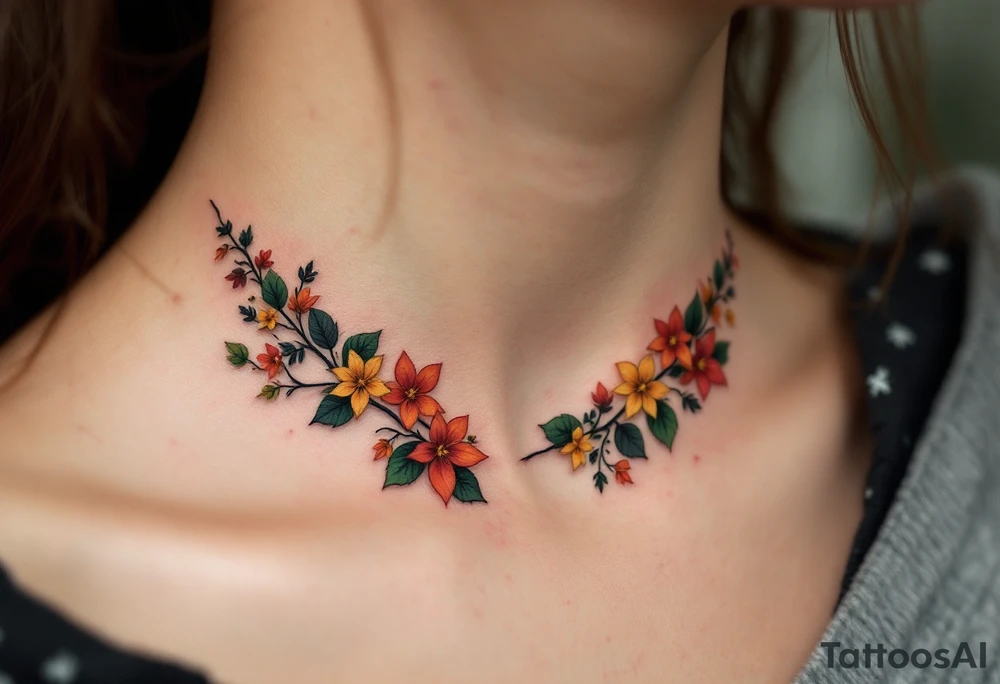 Two separate collarbone tattoos of long, stems and branches covered with red, orange, yellow and dark forest green leaves and flowers, academia, witchy, muted, delicate and gentle but moody, long and thin, following the collarbone. More muted, not so bright, darker colors. Fewer amount of leaves, larger leaves. Less flowers and leaves. tattoo idea