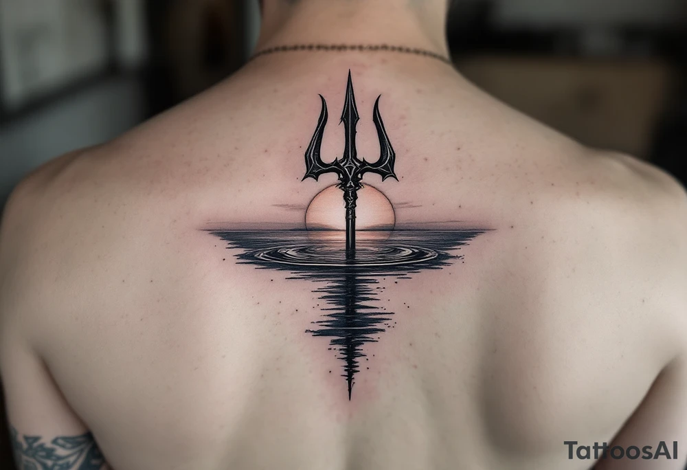 trident half way under calm water with sunset tattoo idea