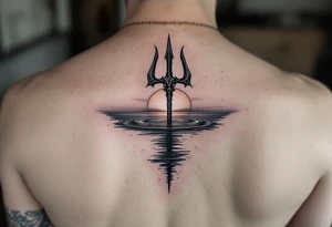 trident half way under calm water with sunset tattoo idea