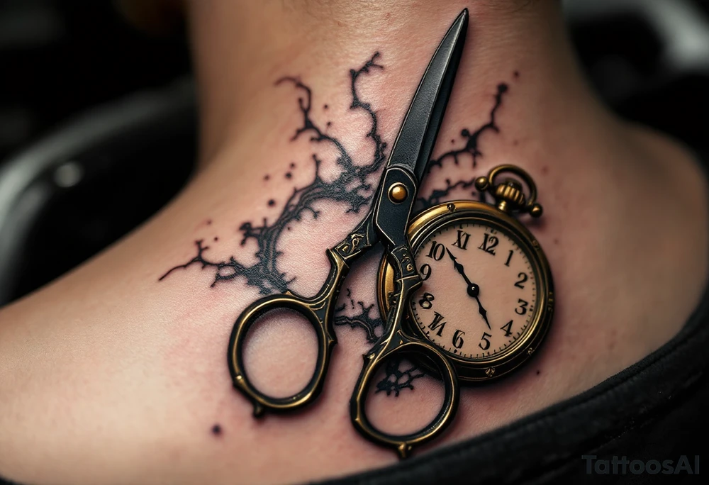 Scissors and Clock Tattoo – A vintage-style pair of brass scissors placed near an old-fashioned pocket watch, with black and gold tones to create a sense of timelessness, symbolizing the passage of time and the precision of moments. tattoo idea