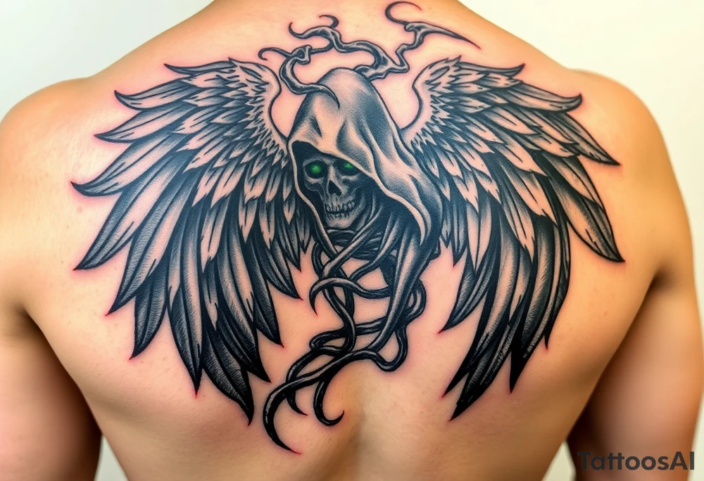 An angel of death in a cloak made of smoke, its wings swirling in the air in an ethereal gray and black, with bright green eyes peeking through. tattoo idea