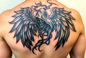 An angel of death in a cloak made of smoke, its wings swirling in the air in an ethereal gray and black, with bright green eyes peeking through. tattoo idea