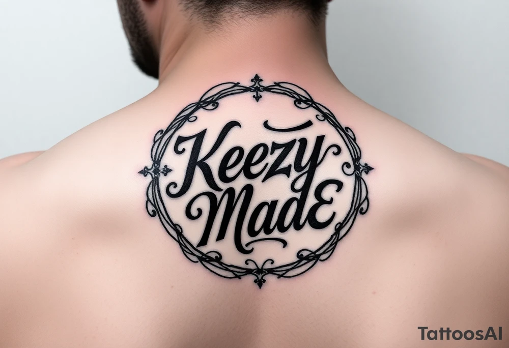 A fancy but rugged twisted and intertwined circular arched curvy lettering in a circular picture that would be clothing brand style that says (KeezY MadE) tattoo idea
