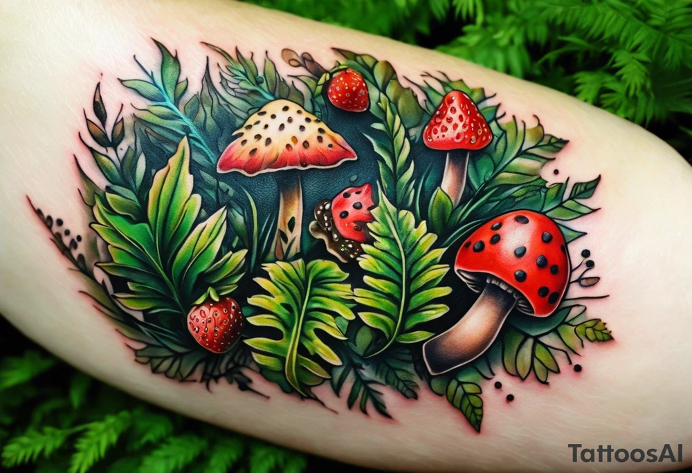 forest floor inspired realistic tattoo, which includes grass, curly ferns and dead leaves as the bulk of the tattoo. details to include: three  tiny strawberries, couple of very small mushrooms, a tiny bumblebee flying nearby tattoo idea