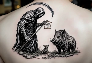 Grim reaper looking down on a hunting dog and big feral boar while holding a scythe and scroll. The scroll has the words “You dont always win” written on it tattoo idea