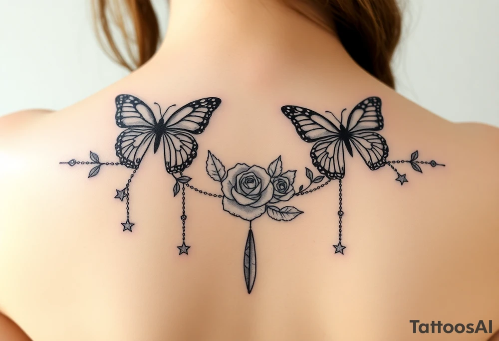Butterflies, roses, gemstones on chains, stars tattoo idea