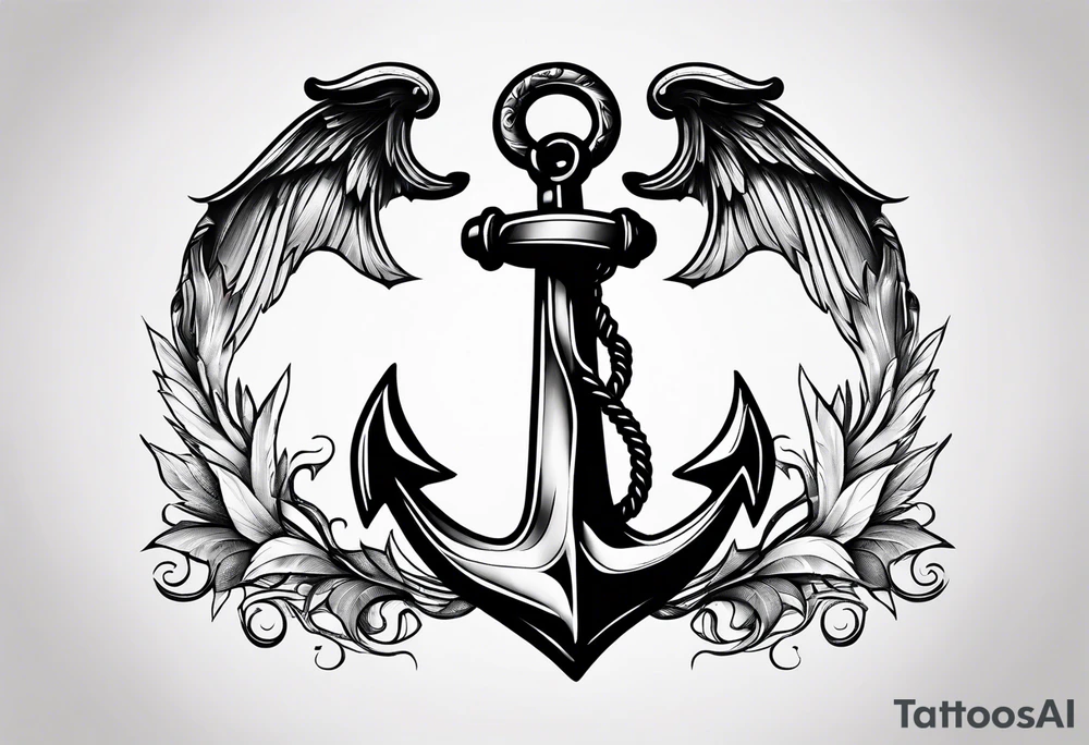 a ship anchor with an s through the anchor and angle wings on the left and right side tattoo idea