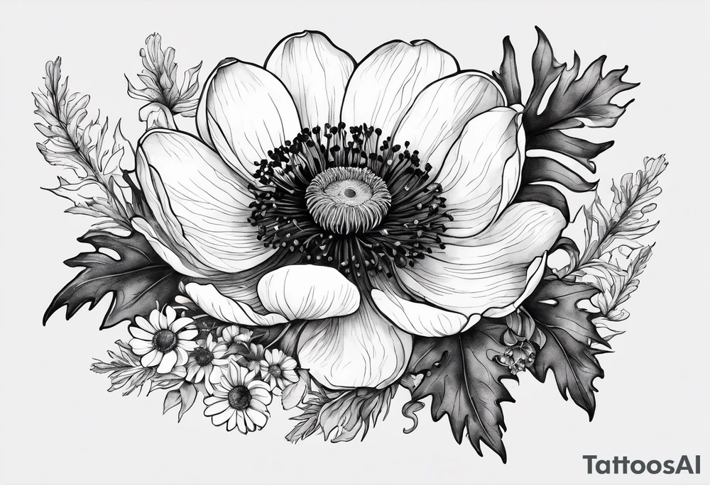 a white anemone with black center with equal sized mixed colorful wildflowers all with different shapes including thistles, ferns, ranuculus, and sun flowers all in watercolor tattoo idea