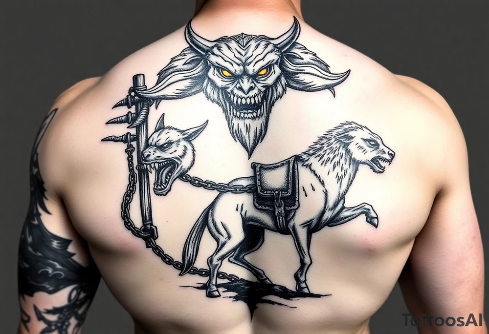 A demonic giant as tall as the trees he coming out of and on the end of the chain he is holding with the most dangerous animal aswell as a strange creature on a saddle held as slaves of the gian whom has firery eyes tattoo idea