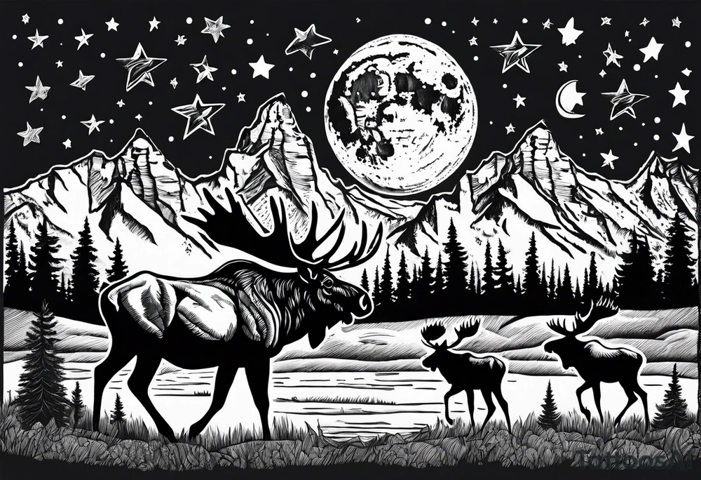 Half sleeve of Teton mountain range with moon and stars in the sky, two moose somewhere in picture tattoo idea