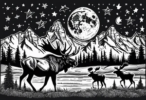 Half sleeve of Teton mountain range with moon and stars in the sky, two moose somewhere in picture tattoo idea