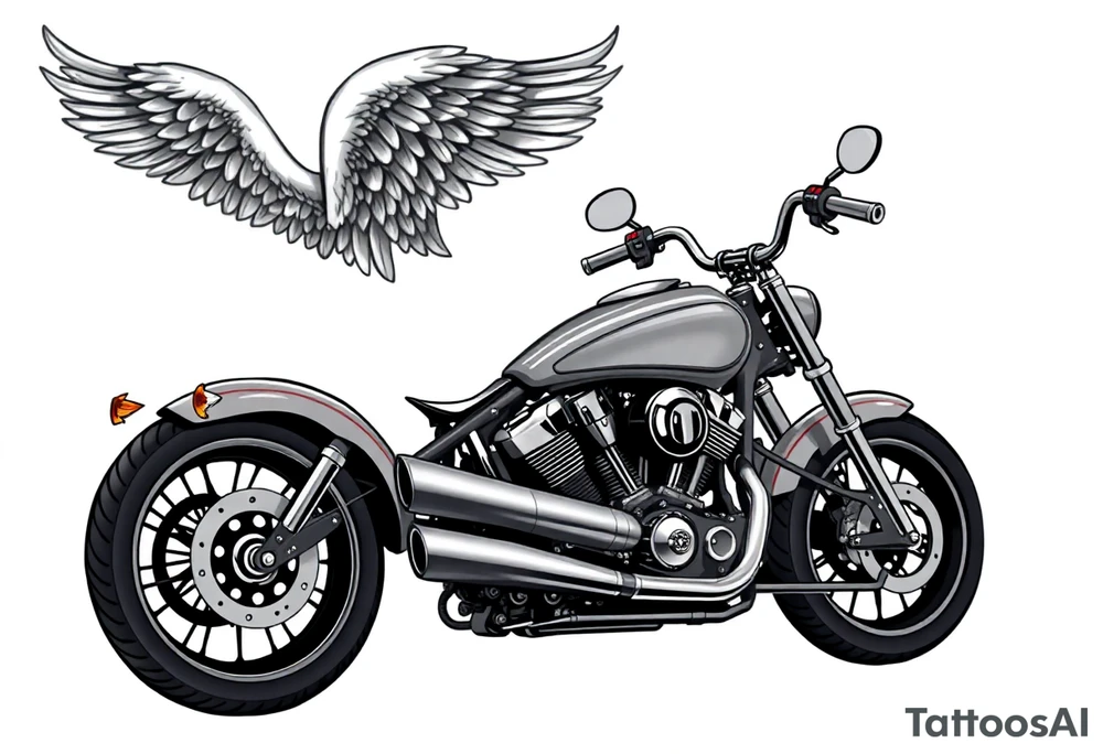 Low rider grey motorcycle, big muffler pipes with flames, angel wings, driving away, no person tattoo idea