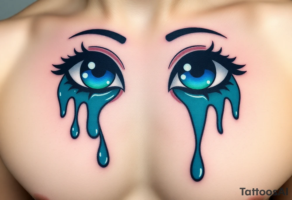 teary eyes with dripping teardrops colored in deep blues and greens, with a faint reflection of the night sk tattoo idea