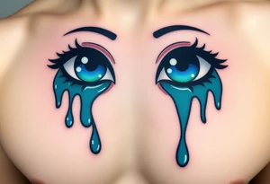teary eyes with dripping teardrops colored in deep blues and greens, with a faint reflection of the night sk tattoo idea