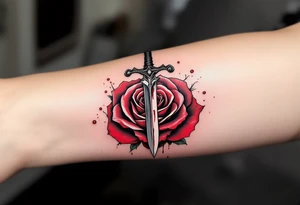 A black dagger piercing a red rose, with droplets of ink dripping from the wound, representing sacrifice, love, and the struggle for truth. tattoo idea