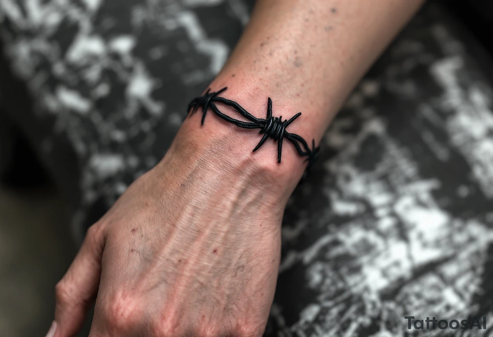 A realistic black and dark silver barbed wire tattoo wraps tightly around the arm, with sharp crimson highlights on the barbs and subtle shading to create a three-dimensional, metallic effect against the skin. tattoo idea