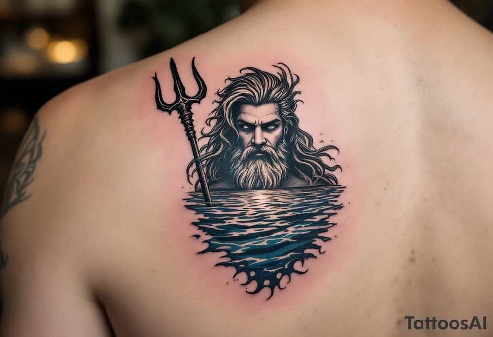 Poseidon half way under calm water with trident at sunset tattoo idea