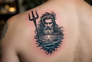 Poseidon half way under calm water with trident at sunset tattoo idea